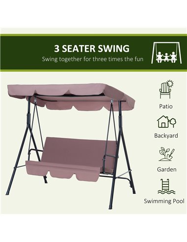 Outsunny 3 Seater Canopy Swing Chair Garden Rocking Bench Heavy Duty Patio Metal Seat w/ Top Roof - Brown