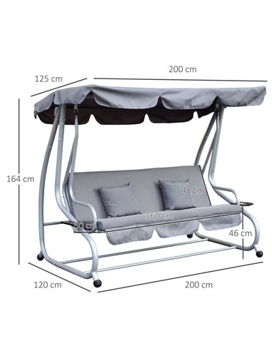 Outsunny 2-in-1 Garden Swing Seat Bed 3 Seater Swing Chair Hammock Bench Bed with Tilting Canopy and 2 Cushions, Grey