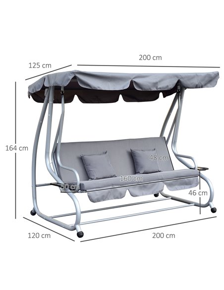 Outsunny 2-in-1 Garden Swing Seat Bed 3 Seater Swing Chair Hammock Bench Bed with Tilting Canopy and 2 Cushions, Grey - pic 11743 | FastDaddyshop