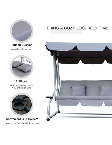 Outsunny 2-in-1 Garden Swing Seat Bed 3 Seater Swing Chair Hammock Bench Bed with Tilting Canopy and 2 Cushions, Grey - pic 11745 | FastDaddyshop