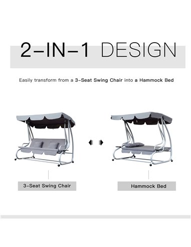 Outsunny 2-in-1 Garden Swing Seat Bed 3 Seater Swing Chair Hammock Bench Bed with Tilting Canopy and 2 Cushions, Grey