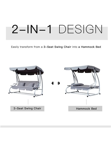 Outsunny 2-in-1 Garden Swing Seat Bed 3 Seater Swing Chair Hammock Bench Bed with Tilting Canopy and 2 Cushions, Grey - pic 11747 | FastDaddyshop