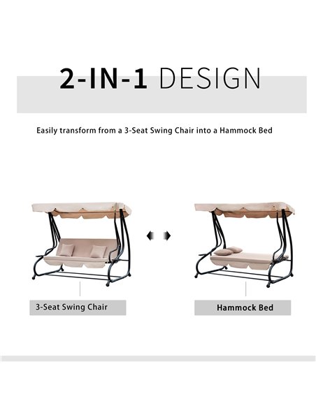 Outsunny 3 Seater Garden Swing Seat Bed Swing Chair 2-in-1 Hammock Bed Patio Garden Chair with Adjustable Canopy and Cushions, L - pic 11760 | FastDaddyshop