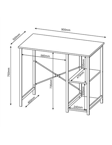 Core Products Loft Home Office study desk with side storage, oak effect top with black metal legs, LFDSK-01