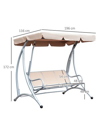 Outsunny 3 Seater Bench Steel Outdoor Patio Porch Swing Chair with Adjustable Canopy - Beige