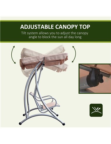 Outsunny 3 Seater Bench Steel Outdoor Patio Porch Swing Chair with Adjustable Canopy - Beige