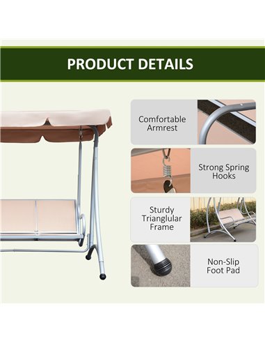 Outsunny 3 Seater Bench Steel Outdoor Patio Porch Swing Chair with Adjustable Canopy - Beige