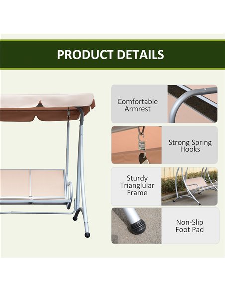 Outsunny 3 Seater Bench Steel Outdoor Patio Porch Swing Chair with Adjustable Canopy - Beige - pic 11770 | FastDaddyshop