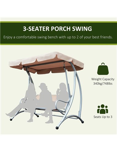 Outsunny 3 Seater Bench Steel Outdoor Patio Porch Swing Chair with Adjustable Canopy - Beige