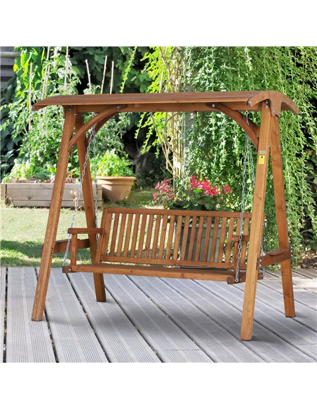 Outsunny 3 Seater Garden Swing Seat Wooden Swing Chair Hammock Bench Lounger with Canopy, Natural - pic 117859 | FastDaddyshop