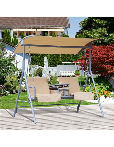 Outsunny 2 Seater Garden Swing Chair Patio Rocking Bench w/ Tilting Canopy, Double Padded Seats, Storage Bag and Tray, Beige - pic 11786 | FastDaddyshop