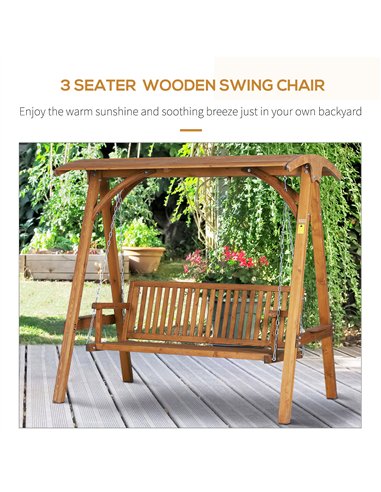 Outsunny 3 Seater Garden Swing Seat Wooden Swing Chair Hammock Bench Lounger with Canopy, Natural