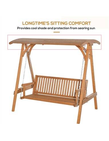 Outsunny 3 Seater Garden Swing Seat Wooden Swing Chair Hammock Bench Lounger with Canopy, Natural