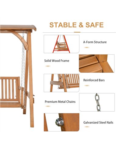 Outsunny 3 Seater Garden Swing Seat Wooden Swing Chair Hammock Bench Lounger with Canopy, Natural