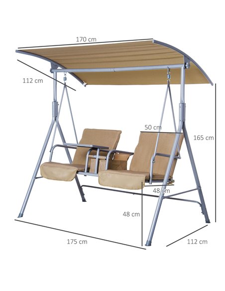 Outsunny 2 Seater Garden Swing Chair Patio Rocking Bench w/ Tilting Canopy, Double Padded Seats, Storage Bag and Tray, Beige - pic 11787 | FastDaddyshop