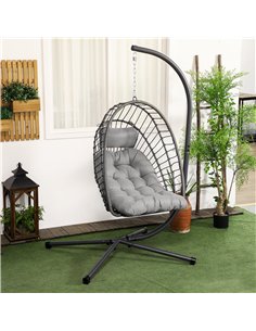 Outsunny Outdoor PE Rattan Swing Chair with Cushion, Garden Foldable Basket Patio Hanging Egg Chair with Metal Stand, Headrest,  2