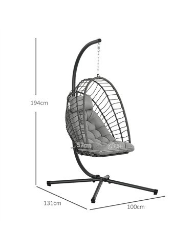 Outsunny Outdoor PE Rattan Swing Chair with Cushion, Garden Foldable Basket Patio Hanging Egg Chair with Metal Stand, Headrest, 