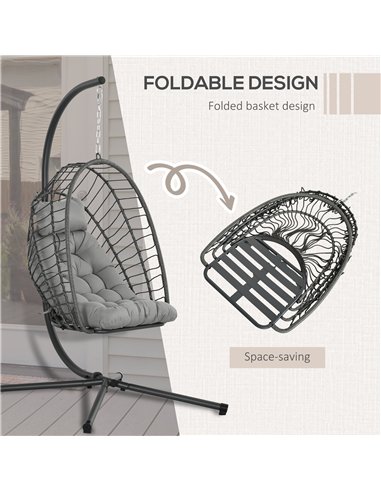 Outsunny Outdoor PE Rattan Swing Chair with Cushion, Garden Foldable Basket Patio Hanging Egg Chair with Metal Stand, Headrest, 