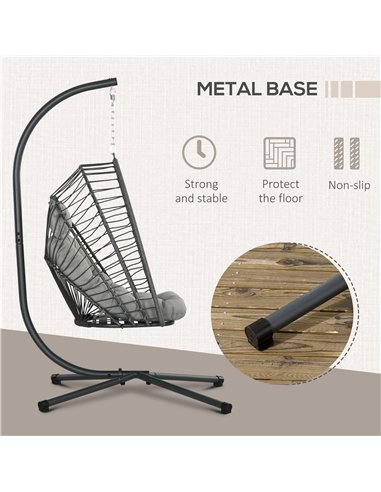 Outsunny Outdoor PE Rattan Swing Chair with Cushion, Garden Foldable Basket Patio Hanging Egg Chair with Metal Stand, Headrest, 