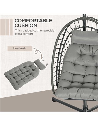 Outsunny Outdoor PE Rattan Swing Chair with Cushion, Garden Foldable Basket Patio Hanging Egg Chair with Metal Stand, Headrest, 