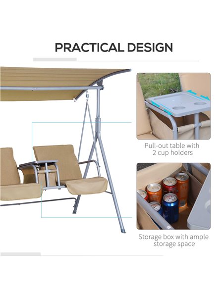 Outsunny 2 Seater Garden Swing Chair Patio Rocking Bench w/ Tilting Canopy, Double Padded Seats, Storage Bag and Tray, Beige - pic 11789 | FastDaddyshop