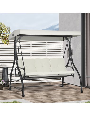 Outsunny 3 Seater Canopy Swing Chair, 2 in 1 Garden Swing Seat Bed, with Adjustable Canopy and Metal Frame, Cream White