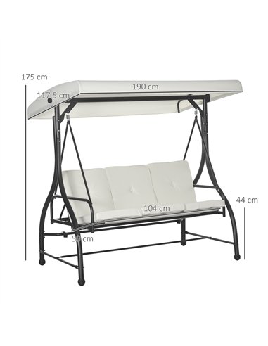 Outsunny 3 Seater Canopy Swing Chair, 2 in 1 Garden Swing Seat Bed, with Adjustable Canopy and Metal Frame, Cream White