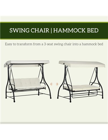 Outsunny 3 Seater Canopy Swing Chair, 2 in 1 Garden Swing Seat Bed, with Adjustable Canopy and Metal Frame, Cream White