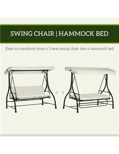 Outsunny 3 Seater Canopy Swing Chair, 2 in 1 Garden Swing Seat Bed, with Adjustable Canopy and Metal Frame, Cream White - pic 117898 | FastDaddyshop