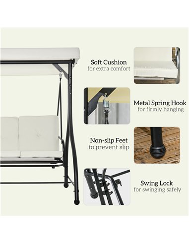 Outsunny 3 Seater Canopy Swing Chair, 2 in 1 Garden Swing Seat Bed, with Adjustable Canopy and Metal Frame, Cream White