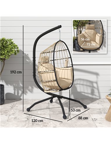 Outsunny Hanging Egg Chair Outdoor Indoor Garden Swing Chair with Folding Basket and Thickened Cushion, Garden Hanging Chair wit