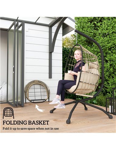 Outsunny Hanging Egg Chair Outdoor Indoor Garden Swing Chair with Folding Basket and Thickened Cushion, Garden Hanging Chair wit