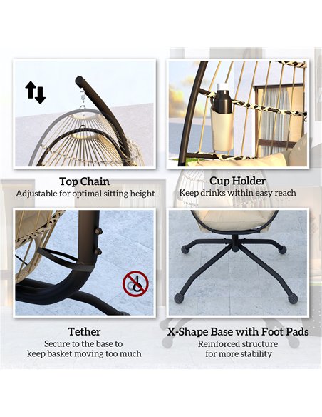 Outsunny Hanging Egg Chair Outdoor Indoor Garden Swing Chair with Folding Basket and Thickened Cushion, Garden Hanging Chair wit - pic 117927 | FastDaddyshop