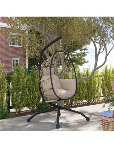 Outsunny Hanging Egg Chair Outdoor Indoor Garden Swing Chair with Folding Basket and Thickened Cushion, Garden Hanging Chair wit