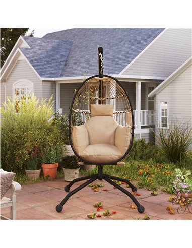 Outsunny Hanging Egg Chair Outdoor Indoor Garden Swing Chair with Folding Basket and Thickened Cushion, Garden Hanging Chair wit
