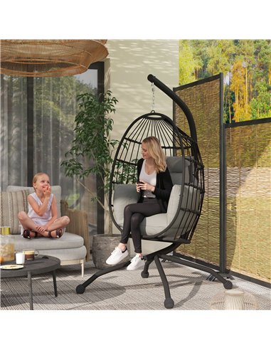Outsunny Hanging Egg Chair Outdoor Indoor Garden Swing Chair with Folding Basket and Thickened Cushion, Garden Hanging Chair wit