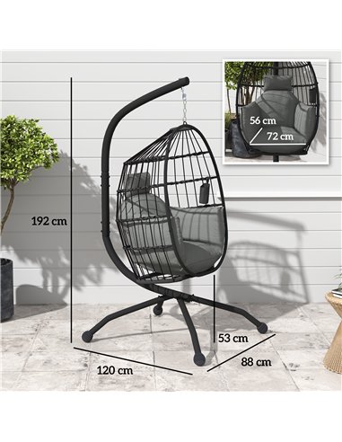 Outsunny Hanging Egg Chair Outdoor Indoor Garden Swing Chair with Folding Basket and Thickened Cushion, Garden Hanging Chair wit