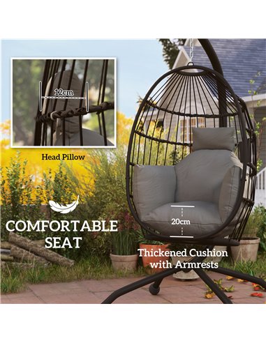 Outsunny Hanging Egg Chair Outdoor Indoor Garden Swing Chair with Folding Basket and Thickened Cushion, Garden Hanging Chair wit
