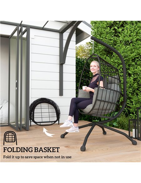 Outsunny Hanging Egg Chair Outdoor Indoor Garden Swing Chair with Folding Basket and Thickened Cushion, Garden Hanging Chair wit - pic 117934 | FastDaddyshop