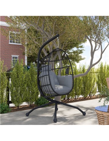 Outsunny Hanging Egg Chair Outdoor Indoor Garden Swing Chair with Folding Basket and Thickened Cushion, Garden Hanging Chair wit