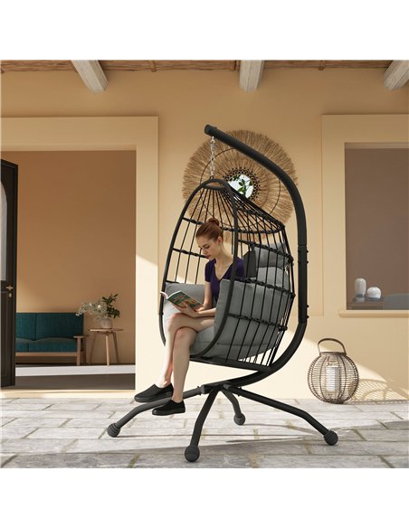 Outsunny Hanging Egg Chair Outdoor Indoor Garden Swing Chair with Folding Basket and Thickened Cushion, Garden Hanging Chair wit - pic 117938 | FastDaddyshop
