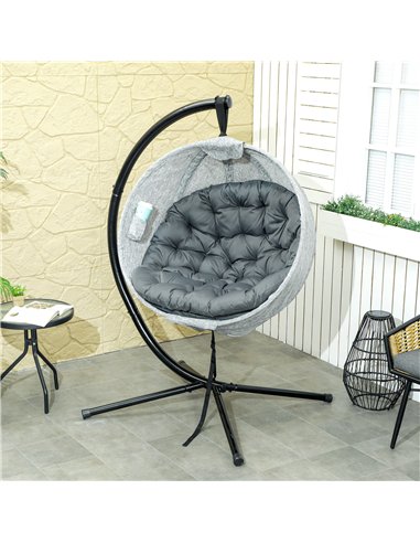 Outsunny Hanging Egg Chair Outdoor Indoor Garden Swing Chair with Folding Basket, Garden Hanging Chair with Stand, Thickened Cus