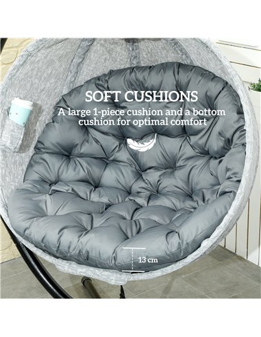 Outsunny Hanging Egg Chair Outdoor Indoor Garden Swing Chair with Folding Basket, Garden Hanging Chair with Stand, Thickened Cus
