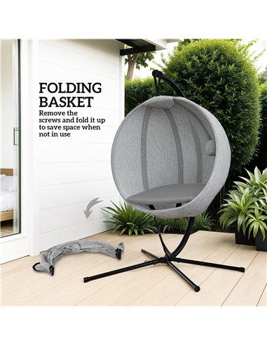 Outsunny Hanging Egg Chair Outdoor Indoor Garden Swing Chair with Folding Basket, Garden Hanging Chair with Stand, Thickened Cus