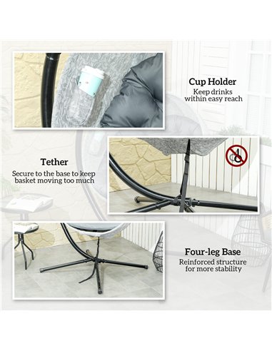 Outsunny Hanging Egg Chair Outdoor Indoor Garden Swing Chair with Folding Basket, Garden Hanging Chair with Stand, Thickened Cus