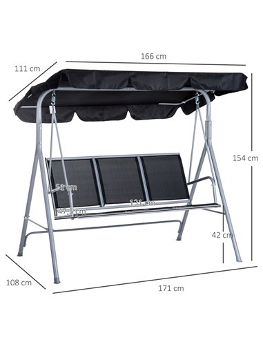Outsunny 3 Seater Patio Swing Chair Garden Hammock Bench Rock Shelter Shade Metal Black