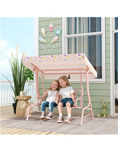 AIYAPLAY Kids Garden Swing Chair with Adjustable Canopy, Safety Belt, 2 Seater Hammock Swing Bench for Patio, Porch, Pink