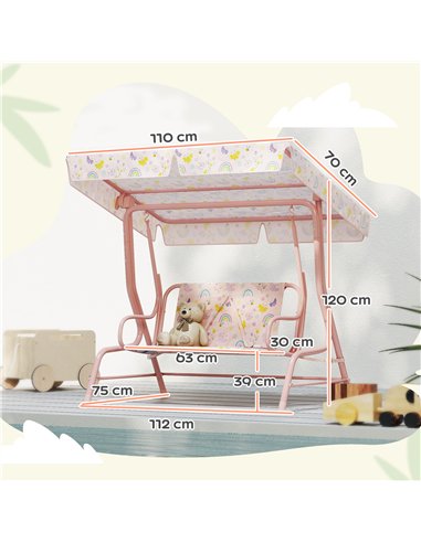AIYAPLAY Kids Garden Swing Chair with Adjustable Canopy, Safety Belt, 2 Seater Hammock Swing Bench for Patio, Porch, Pink