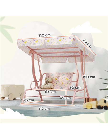 AIYAPLAY Kids Garden Swing Chair with Adjustable Canopy, Safety Belt, 2 Seater Hammock Swing Bench for Patio, Porch, Pink - pic 117959 | FastDaddyshop