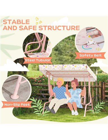 AIYAPLAY Kids Garden Swing Chair with Adjustable Canopy, Safety Belt, 2 Seater Hammock Swing Bench for Patio, Porch, Pink
